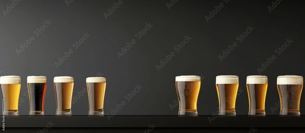 Poster assorted craft beer glasses displayed on a bar with empty space for branding or promotional text in 