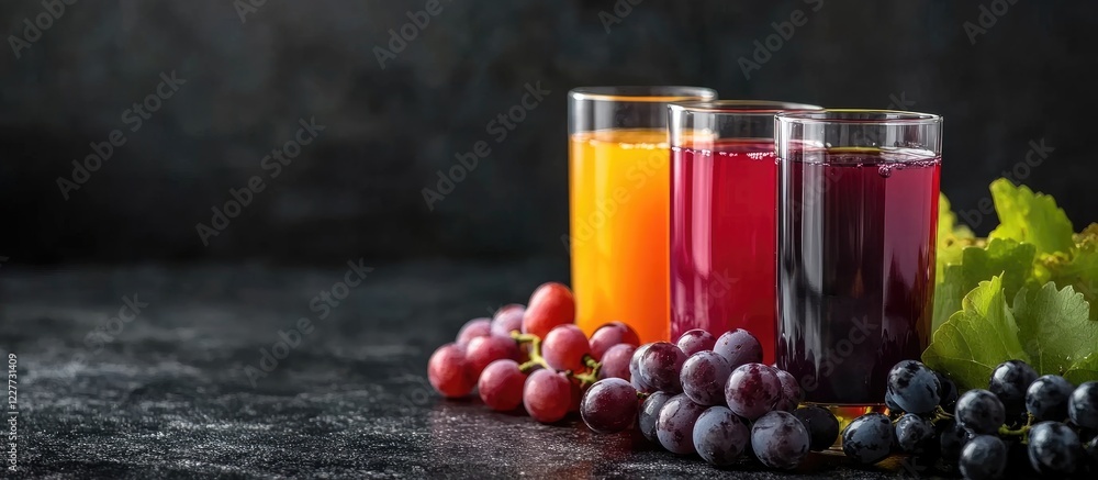 Poster glasses of colorful grape juice and wine with fresh grapes on a dark table banner format with space 