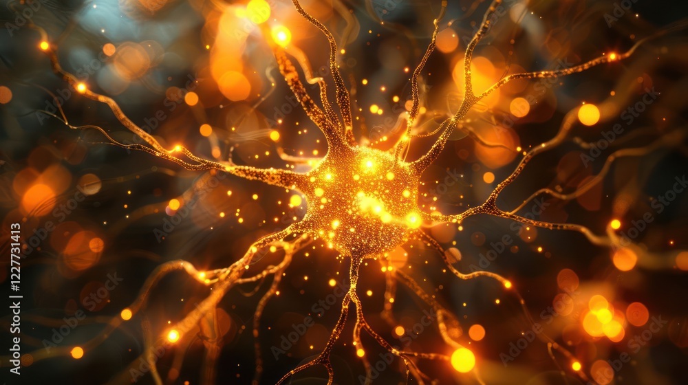 Poster abstract representation of a glowing neuron with vibrant colors and intricate details