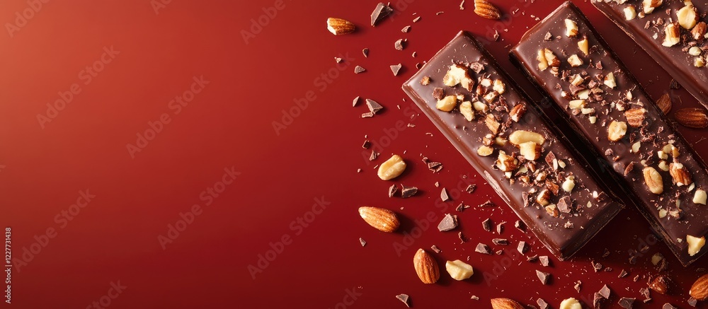Poster glazed milk chocolate bars topped with nuts on a red background with empty space for text suitable f