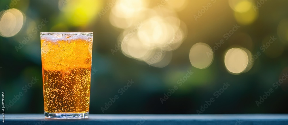 Poster refreshing chilled orange soda in glass with bokeh background and empty space for text promotion or 