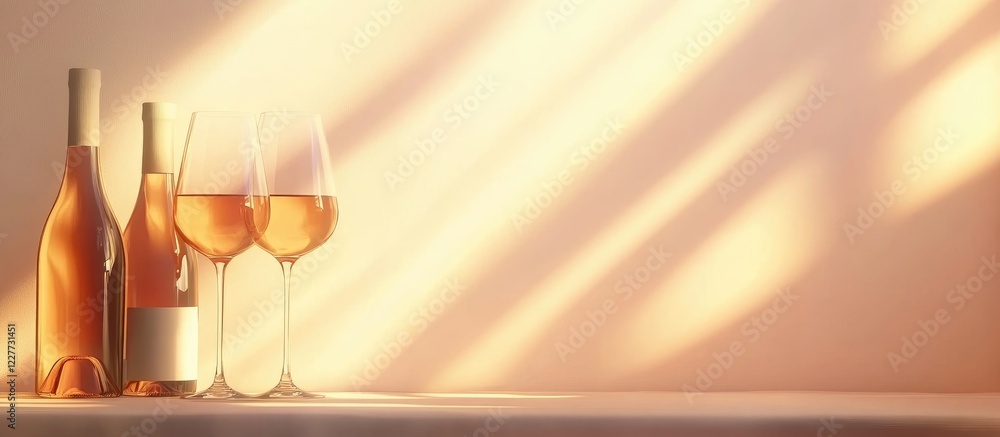 Poster elegant wine glasses and bottles on a warm glowing background with ample space for text or branding 