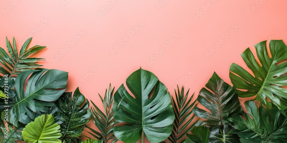 Poster vibrant green leaves on pink background creating a fresh summer atmosphere with space for text or me
