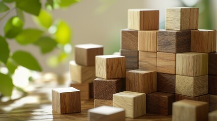 Wooden Blocks Stacked Artistically on a Table with Greenery Background