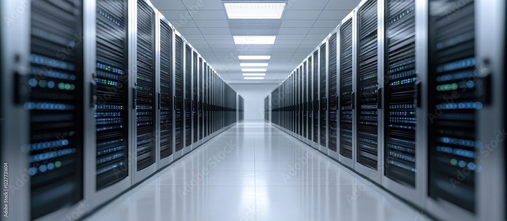 Poster data center corridor featuring server racks emphasizing cybersecurity with blurred background and em