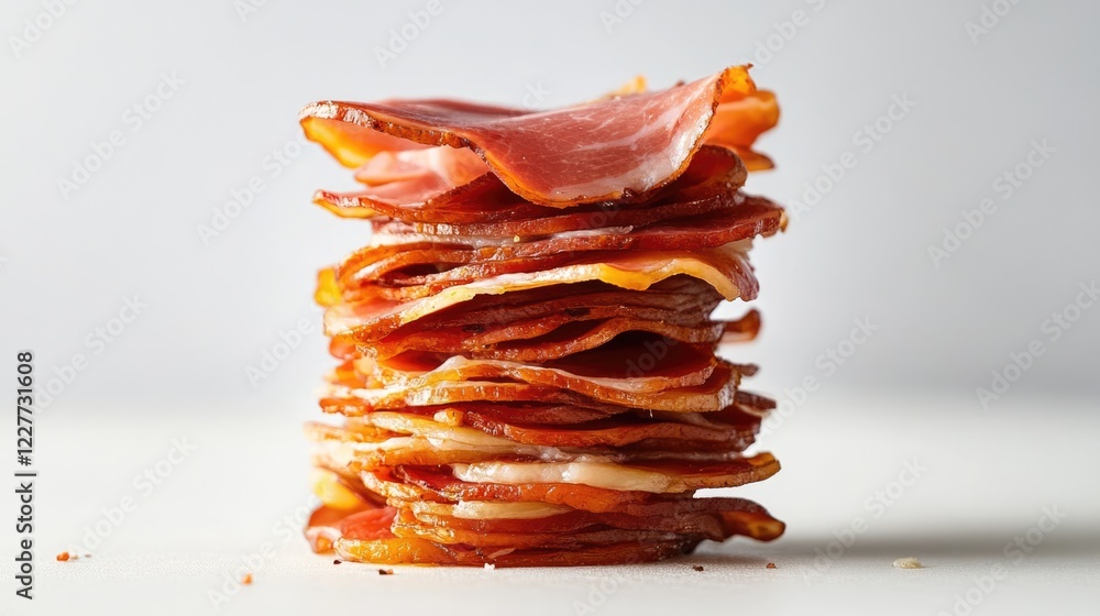Poster sliced cured ham stacked neatly on a plain white background showcasing texture and color contrast fo