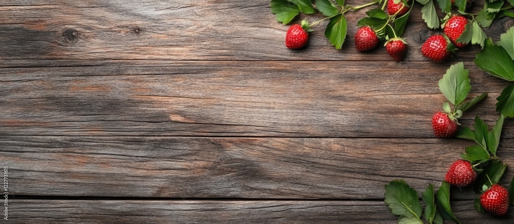 Poster vibrant fresh strawberries with lush green leaves arranged on a rustic wooden surface creating space