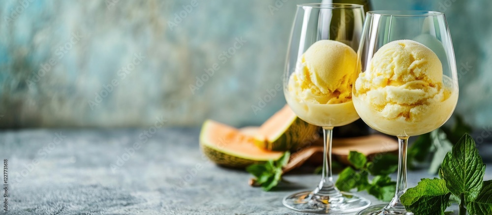 Poster refreshing white wine paired with homemade melon ice cream on a textured background with space for t