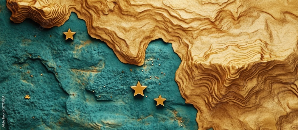 Poster topographic map with star markers and textured backdrop for geographic concepts and design with empt