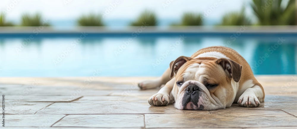 Poster english bulldog relaxing by a poolside on stone pavement with serene background and empty space for 