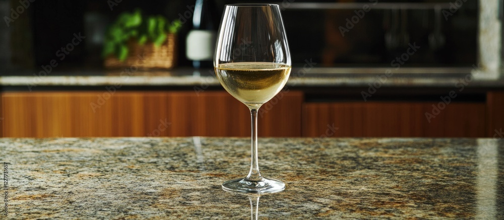 Poster glass of white wine on granite countertop in vineyard setting with inviting empty space for personal