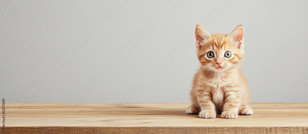 Poster playful kitten sitting on a wooden table with neutral background and empty copy space for customizab