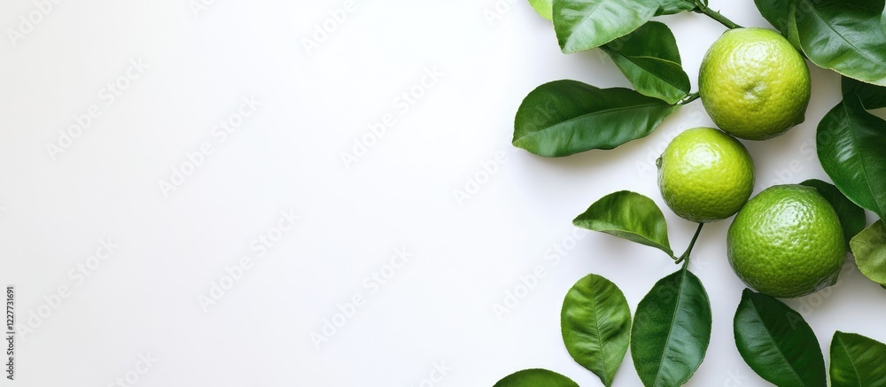 Poster fresh green limes and leaves arranged on a white background with ample space for copy or text overla