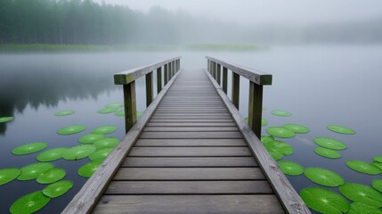 Obraz premium A small wooden footbridge crossing over a foggy pond, with lily pads scattered on the calm water's surface