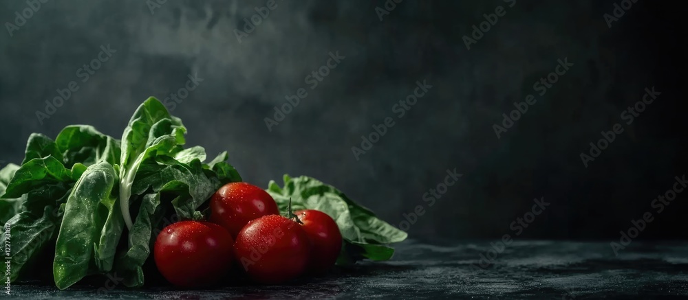 Poster fresh red tomatoes and spinach on dark background with blank space for text and copy in culinary or 