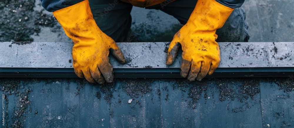 Poster engineer with yellow gloves installing roof drip edge on construction site with blank space for text