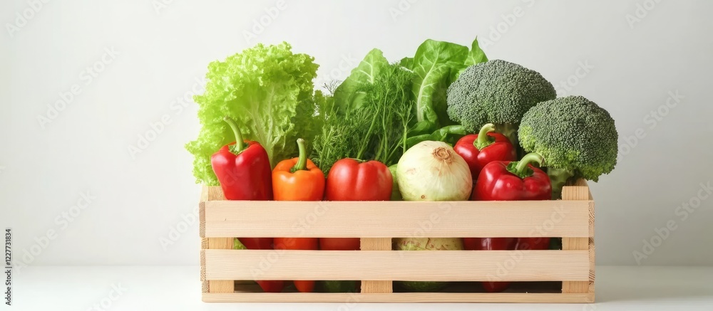Poster fresh organic vegetables in wooden crate with ample empty space for text on a light background
