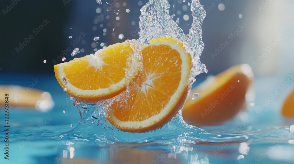 Poster freshly sliced oranges splashing into clear water with dynamic bubbles and ripples in a vibrant blue