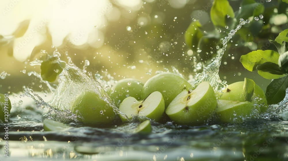 Poster fresh green apple slices creating splashes in water against a natural background with sunlight filte