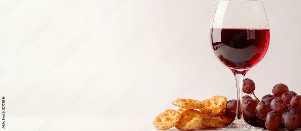 Poster Elegant glass of red wine featuring fresh grapes and assorted snacks on a minimalist background ideal for text placement or advertisements
