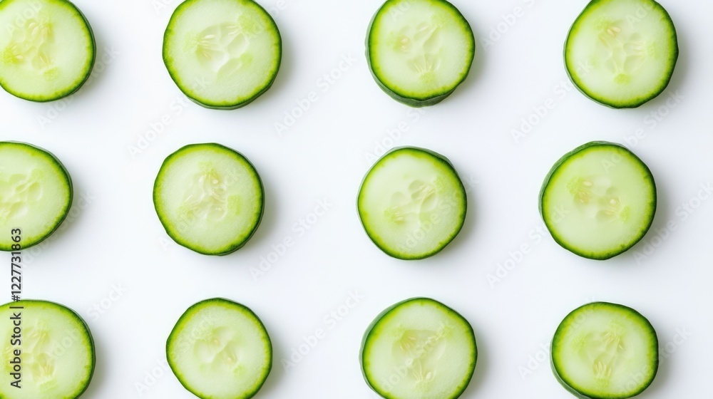Poster sliced fresh cucumbers arranged neatly on white background for food presentation and culinary use