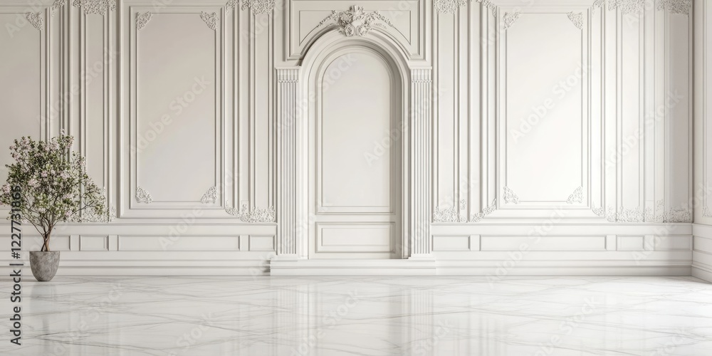 Poster elegant minimalist home interior with marble floor and architectural details featuring empty space f