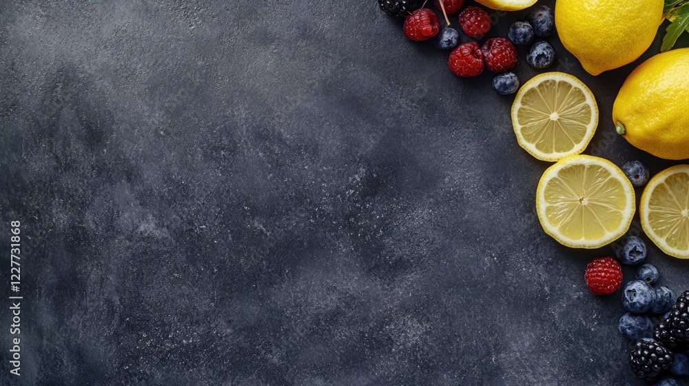 Aufkleber sliced fresh lemons and assorted berries arranged on a dark background with ample blank space for cr