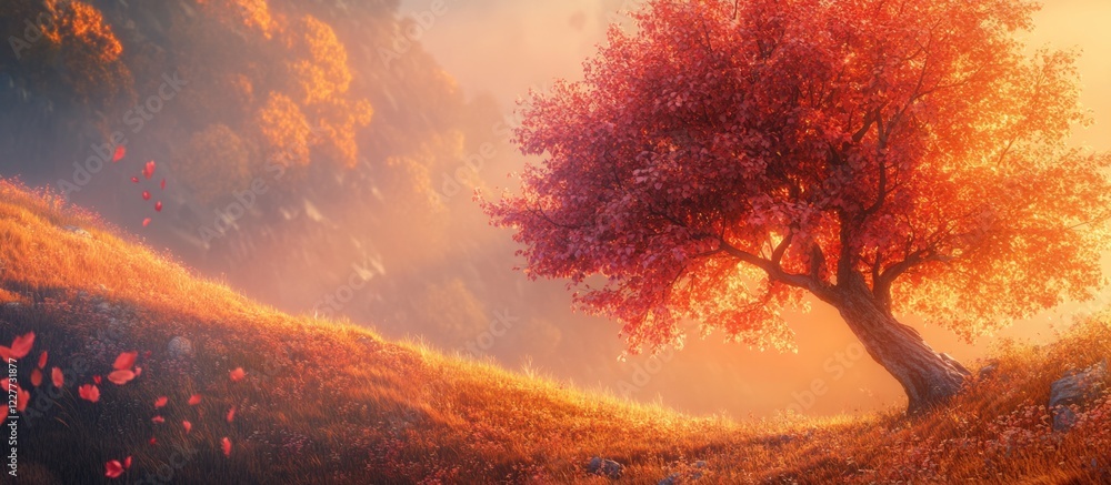 Poster autumn tree with pink leaves and sunlight cascading over a hill creating serene atmosphere ideal for