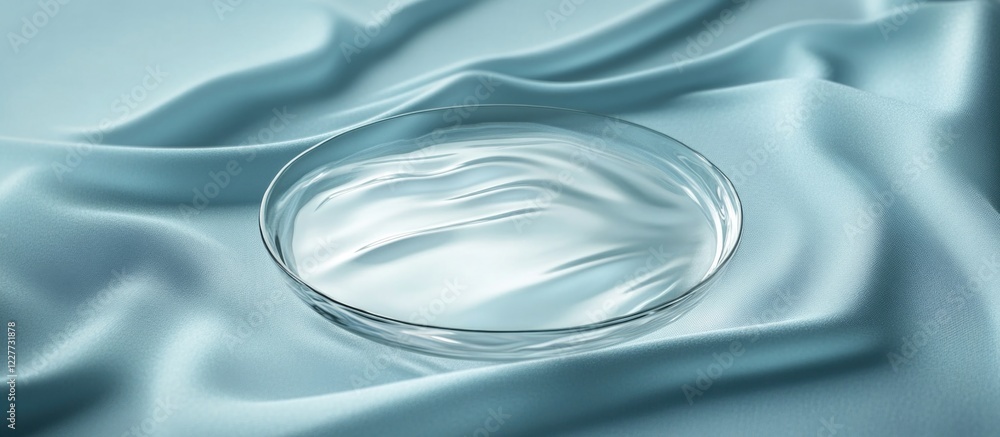 Poster smooth silky liquid texture in a glass plate with an oil emulsion effect on soft fabric background p
