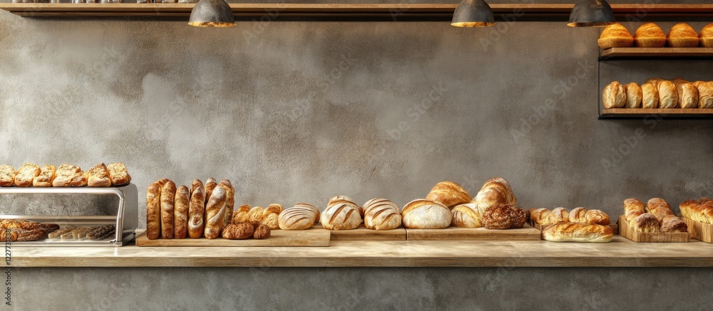Poster Artisanal Bakery Display Featuring Freshly Baked Breads and Pastries on a Rustic Countertop with Space for Text Overlay