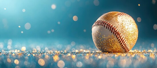 Shiny gold glitter baseball on a vibrant blue gradient background showcasing ample space for promotional text or branding.