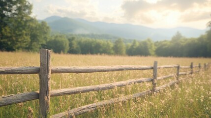 Tranquil nature scene with wooden fence mountain landscape photo serene environment wide angle view peaceful concept for seo impact