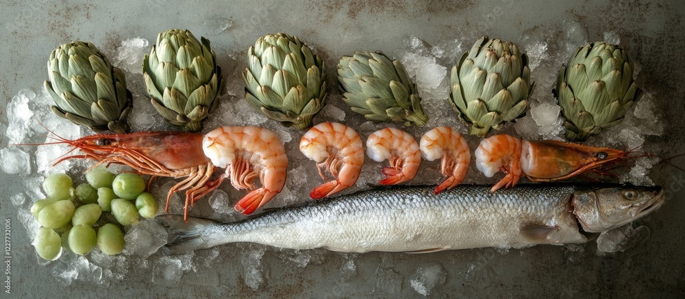 Poster fresh and frozen shrimp with fish fillet and artichokes on ice showcasing raw and cooked varieties w