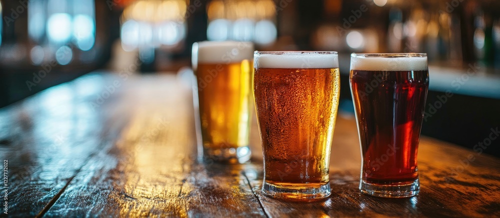 Aufkleber friends toasting with beer glasses in a lively bar setting with ample empty space for text and brand