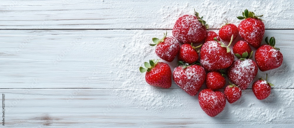 Poster fresh strawberries arranged in heart shape dusting with powdered sugar on rustic white wood backgrou