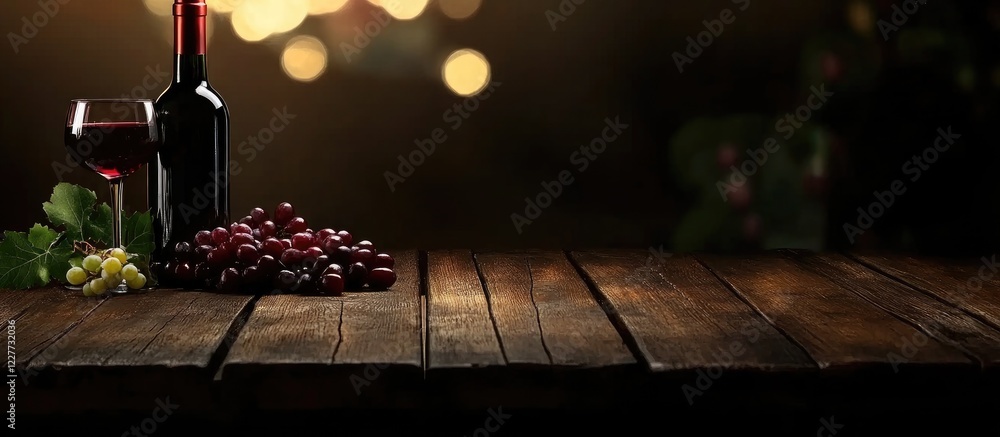 Poster rustic wooden table featuring a glass of red wine, a bottle, and fresh grapes with empty copy space 
