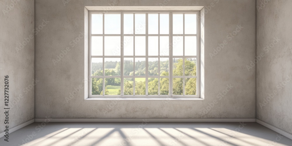 Poster elegant living room interior with large window showcasing a scenic view and ample empty copy space f