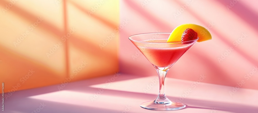 Poster Refreshing pink smoothie with strawberry and mango swirls garnished with a slice of fruit in a vibrant and bright setting