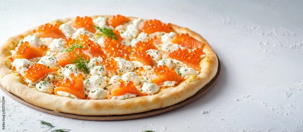 Poster glazed salmon caviar pizza topped with cream cheese and salmon on a white table with ample space for