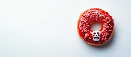 Skull-shaped glazed donut with red icing and sprinkles on white background perfect for Halloween or festive themed promotions.