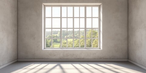 Fototapeta premium Elegant living room interior with large window showcasing a scenic view and ample empty copy space for text or graphics