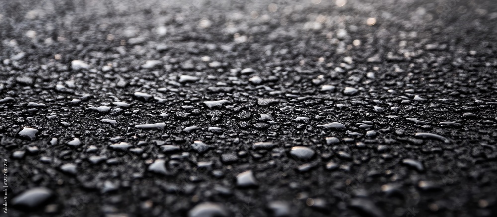 Poster glistening raindrops on dark asphalt surface with ample empty space for text and design elements sui