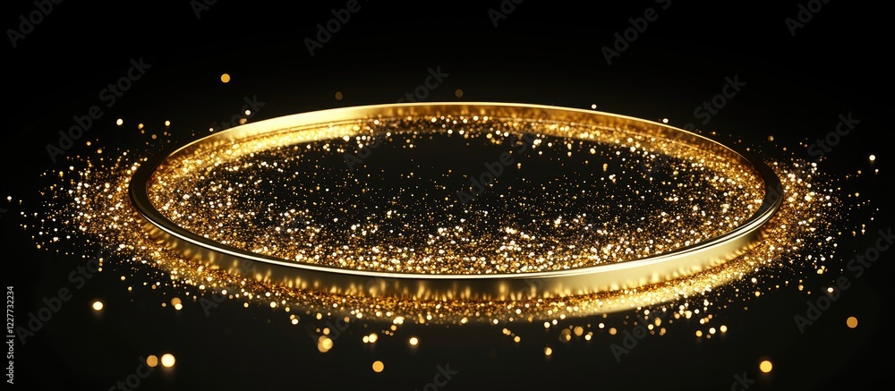 Poster glittering gold dust circular frame with particles for elegant text placement on dark background