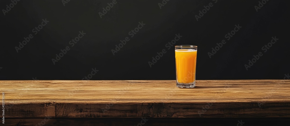 Poster glass of fresh orange juice on rustic wooden table with dark background and ample empty space for te