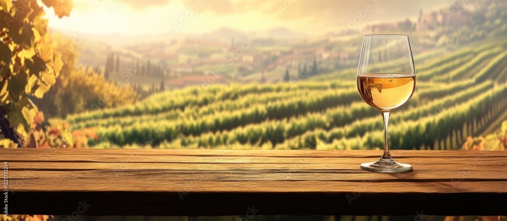 Poster glass of white wine on wooden table with blurred vineyard background and empty space for text ideal 