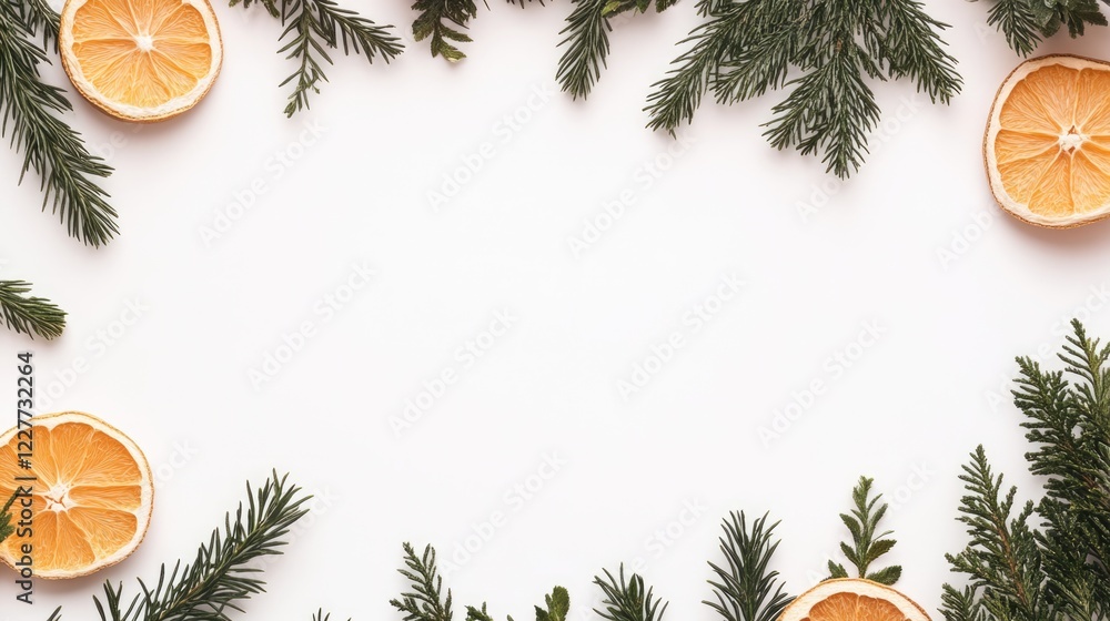 Poster sliced dried oranges and fir branches arranged on a white background creating a blank space for holi