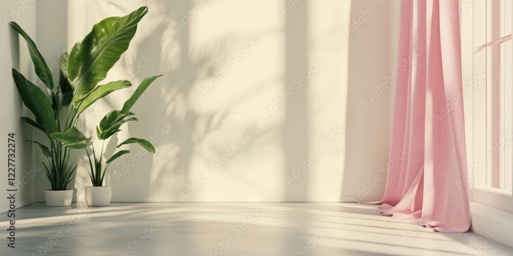 Poster minimalist empty room with modern plants and soft pink curtains featuring ample copy space for promo