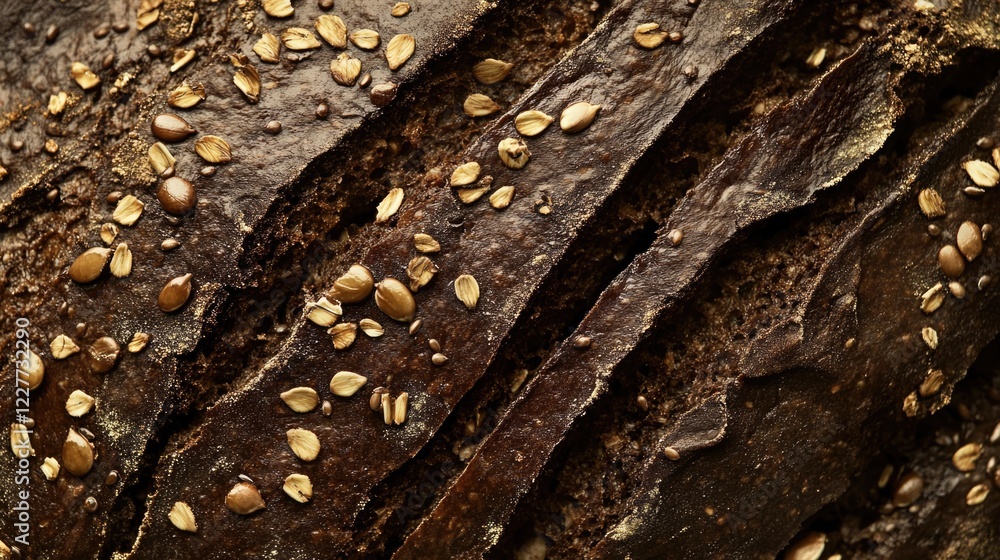 Poster sliced dark bread loaf with seeds showcasing a textured macro view of the crust and surface details.