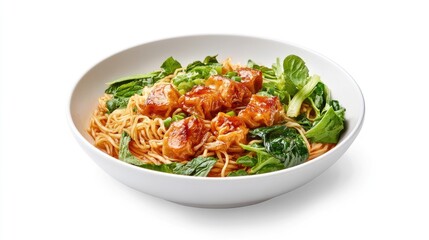 A serving of wonton noodles , with golden wontons, char siu, and leafy greens, set against a plain white background to emphasize the dish's colors.