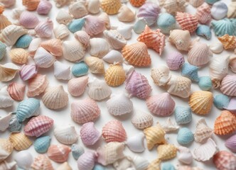 Pastel-colored seashell fragments scattered on a white background, soft focus, peaceful vibe